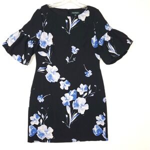 Lauren Ralph Lauren Sheath Dress Size 10 Blue Floral Balloon Sleeves
